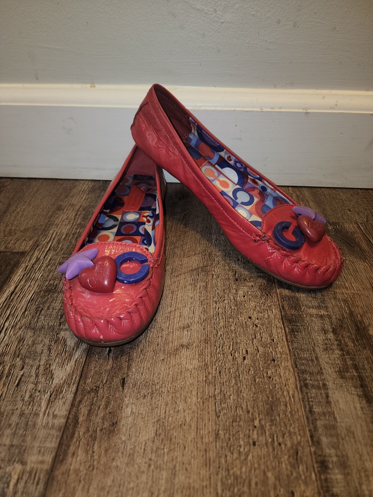 Coach Heart Star Red/Hot Pink Purple Slip On Flats Shoes Loafers Size 7.5B Rare