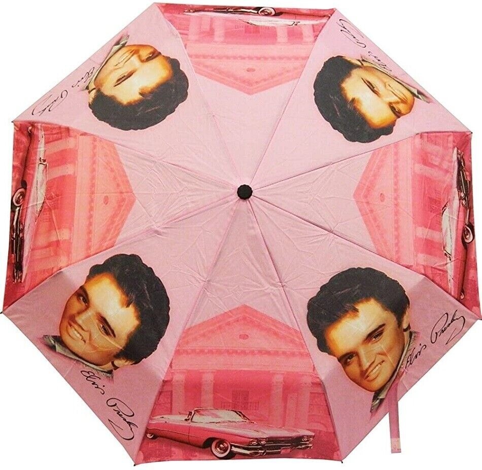 New 40" Width Pink Cadillac Elvis Presley Compact Umbrella The King Photo Caddie