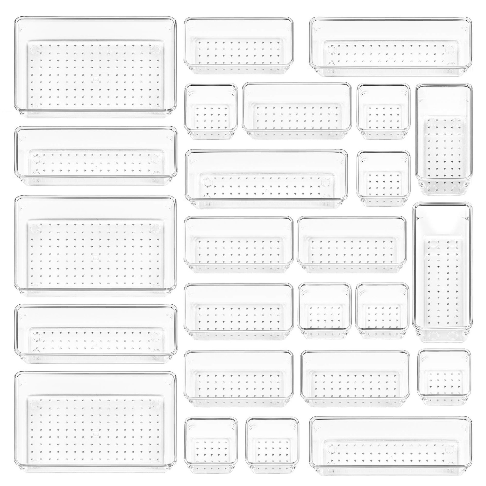 25 PCS Clear Plastic Drawer Organizers Set 4 Size Versatile Bathroom and 25 Pack