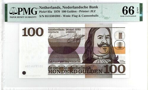 NETHERLANDS P-93a 1970 100 Gulden De Ruyter, Gem UNC 66 EPQ