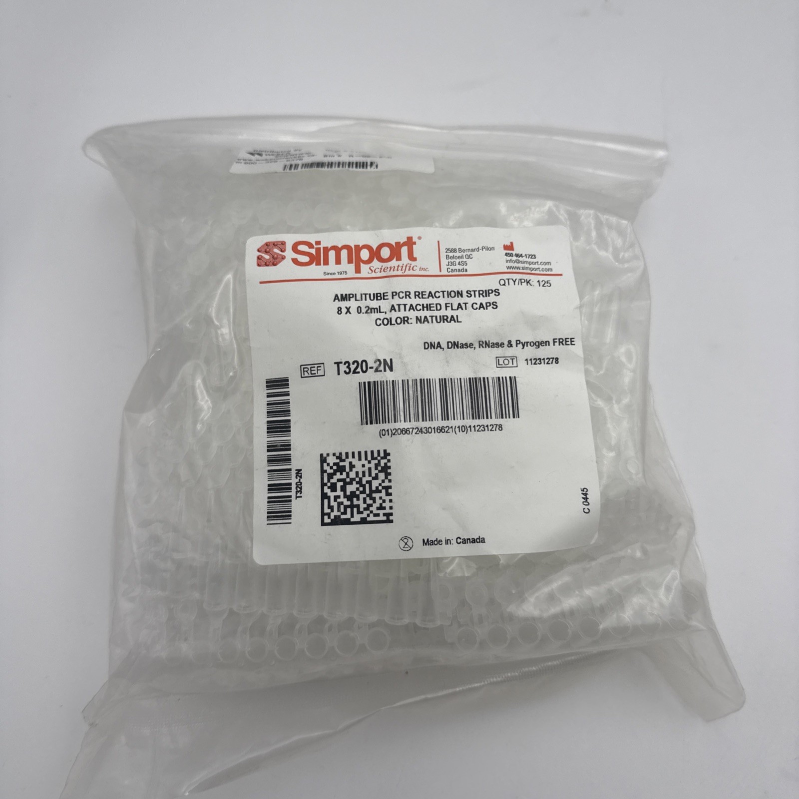 Simport Amplitube T320-2N Polypropylene PCR Reaction Tube Strip with Attached...
