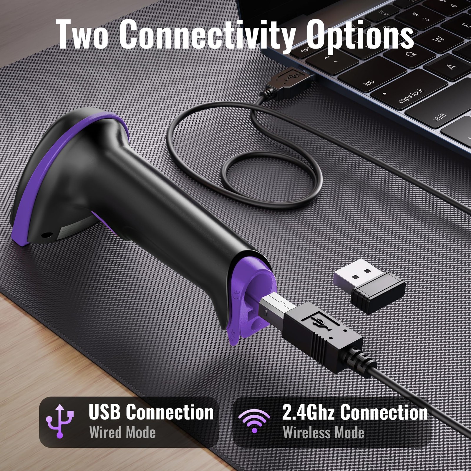 Tera Barcode Scanner Wireless Versatile 2-in-1 (2.4Ghz 1D Purple, Purple