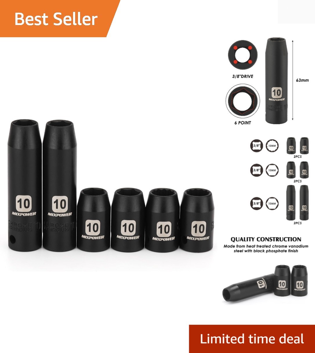 High-Torque 6 Point & 12 Point 10mm Socket Set - 3/8" Drive in Black Phosphate