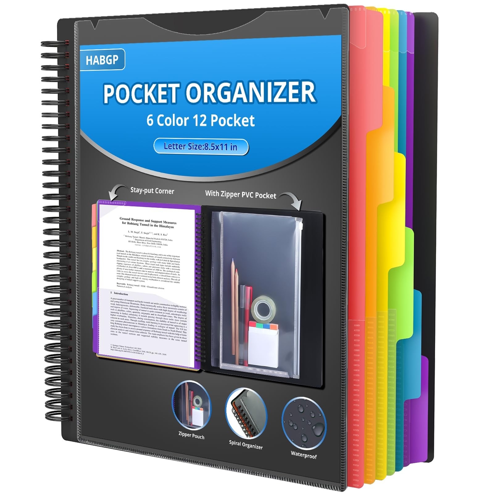 HABGP 12 Pocket Plastic folders with Pockets, 6 Colors Multi Pocket Folder Bi...