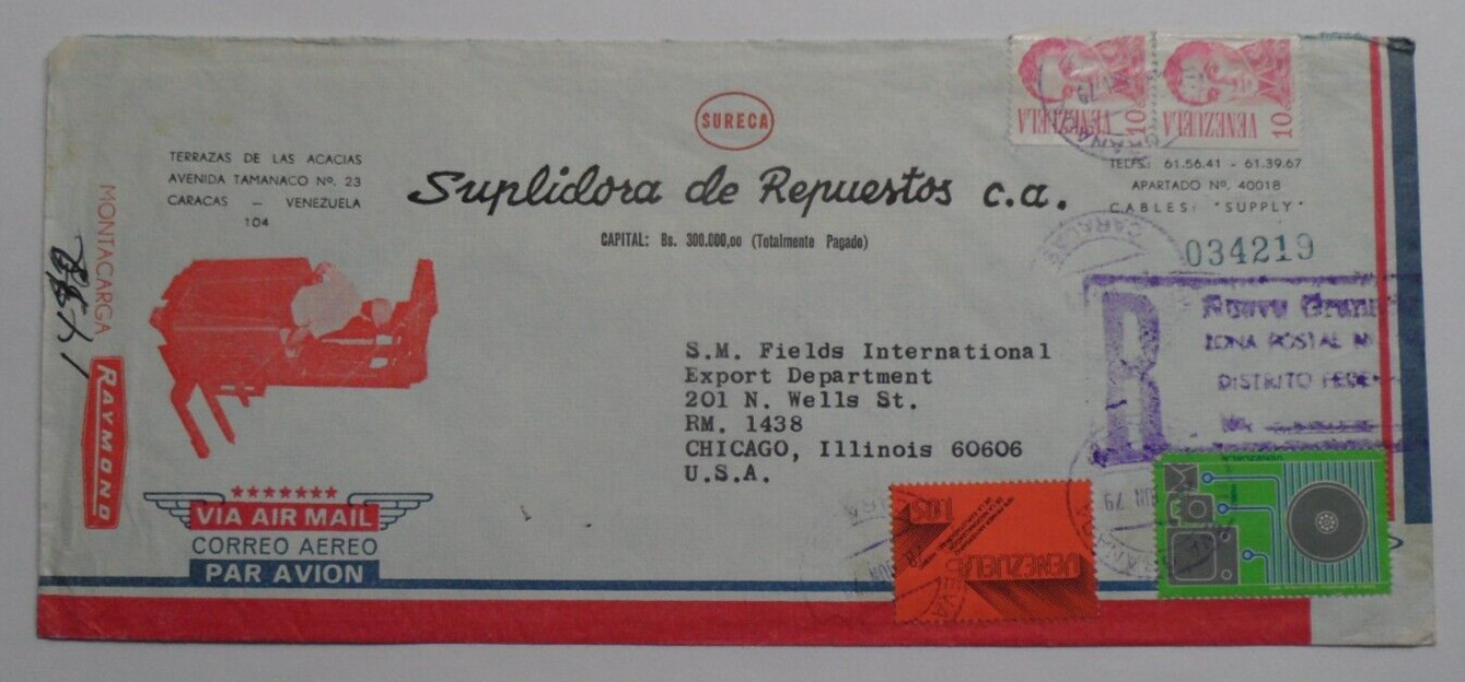 STAMPMART : VENEZUELA 1979 REGISTERED AIRMAIL RAYMONS ADVERTISING COVER TO USA