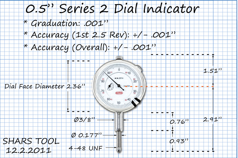 SHARS 0.5" HIGH PRECISION DIAL INDICATOR .001" AGD 2 TRAVEL LUG BACK WHITE P]
