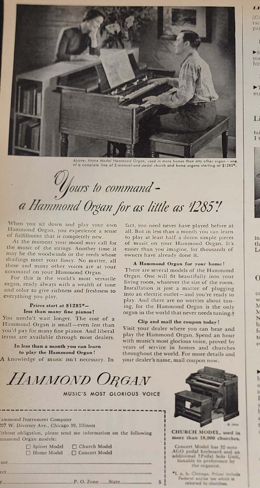Hammond Organ Piano Magazine Picture Ad Vintage Print Musical Wall Art Display