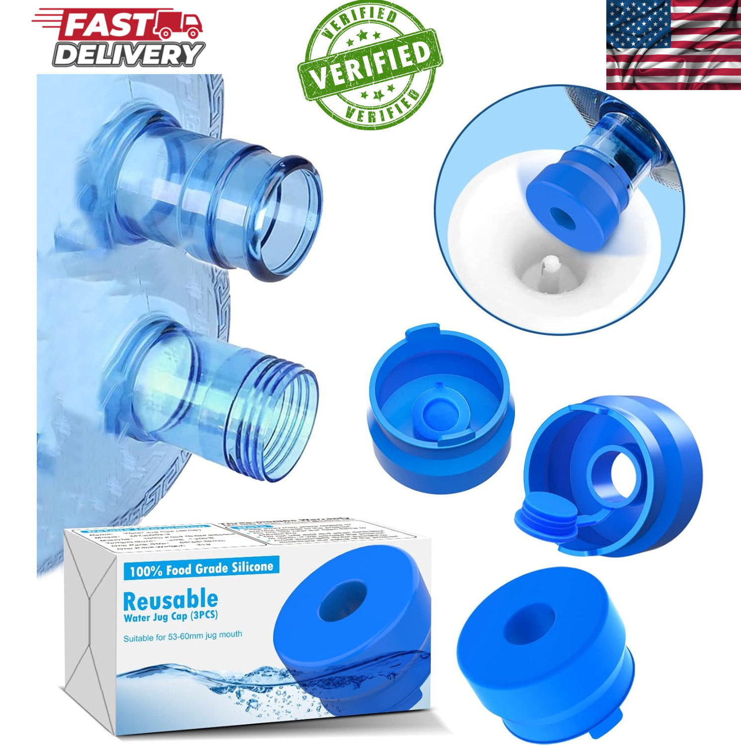3 Pack Reusable 5 Gallon Water Jug Caps, Leak Proof Bottle Lids (55mm) *NEW*