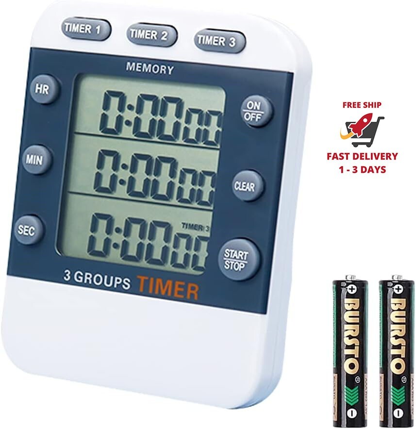 Temporizador de cocina digital dual, temporizador de 3 canales con cuenta ascend