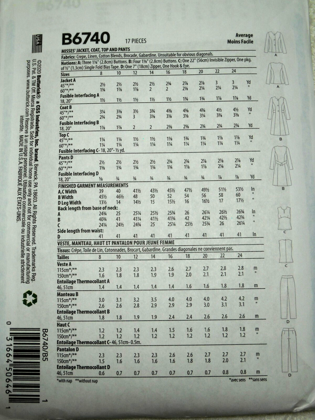 Butterick 6740 Jacket Coat Top Pants Misses Size 8-16 Sewing Pattern