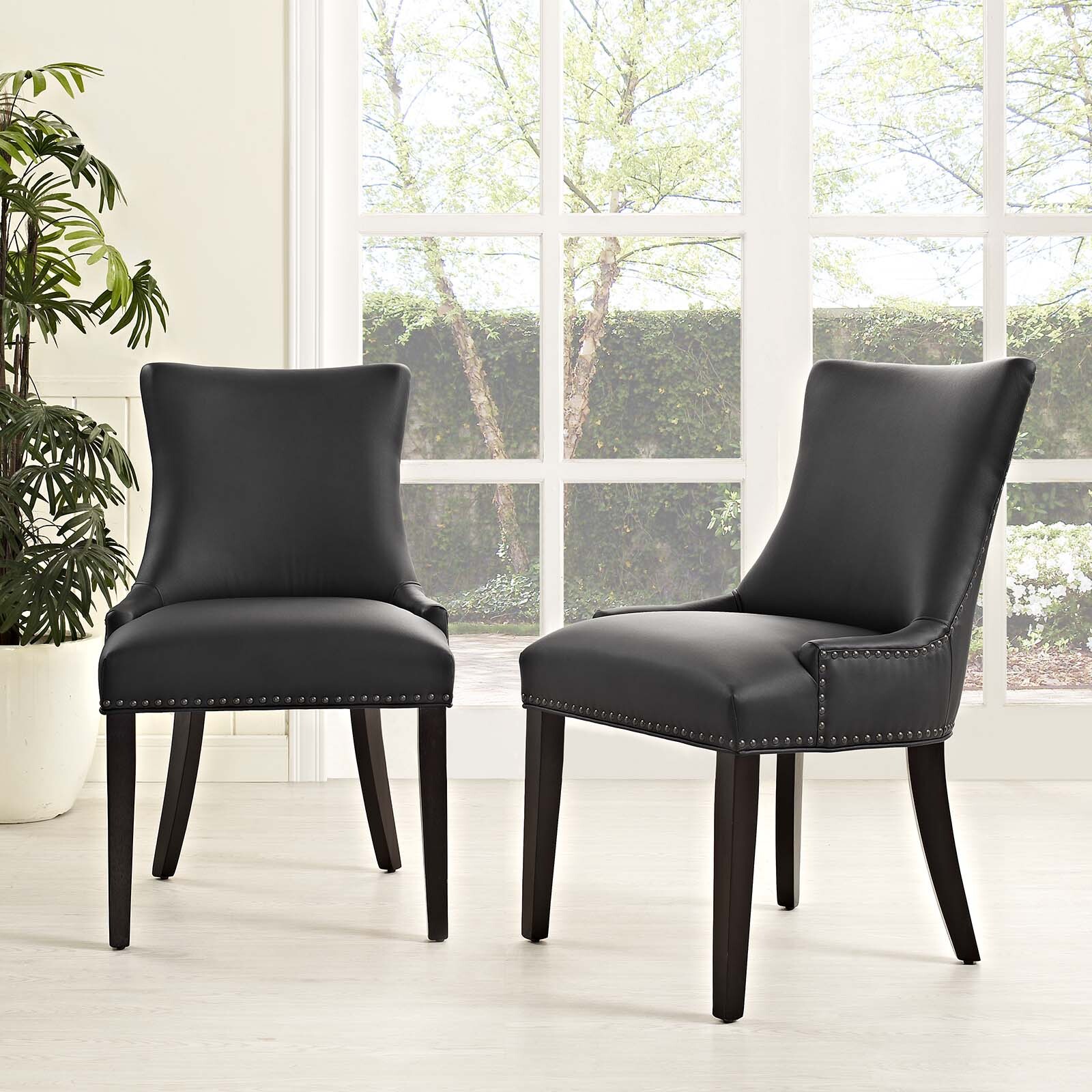Modway Marquis Dining Chair Faux Leather Set of 2 in Black