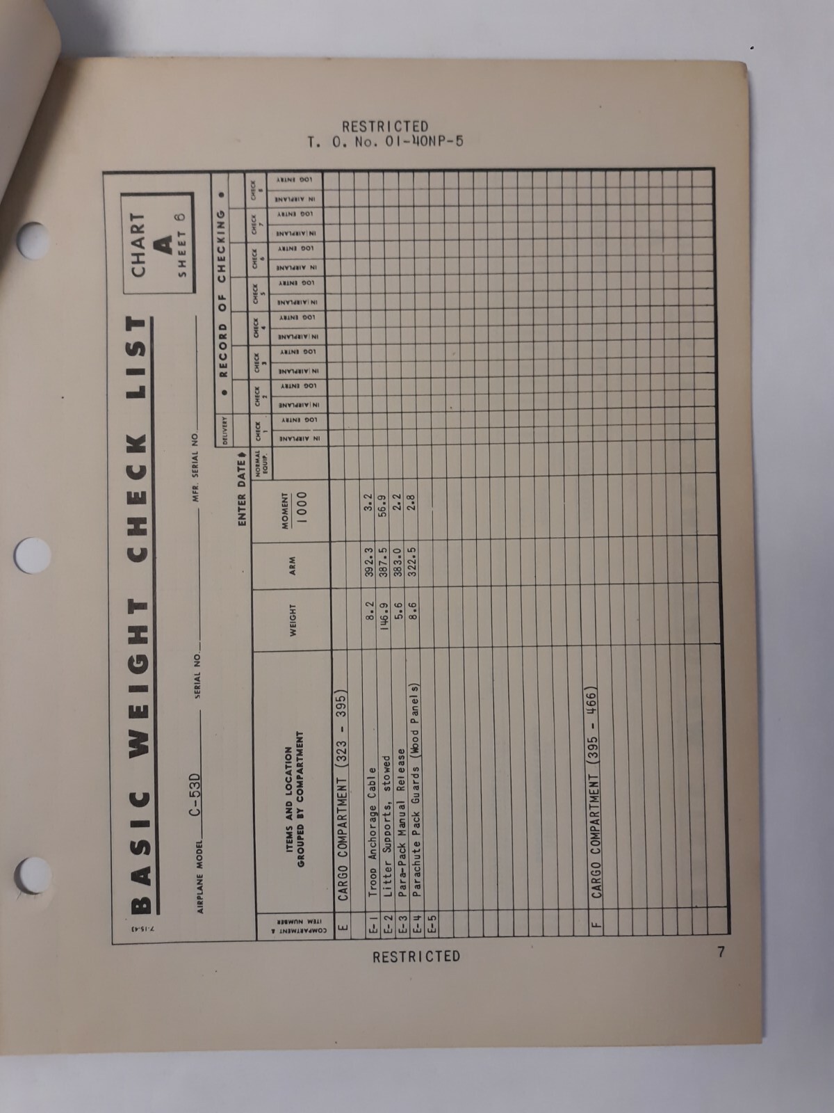 Douglas Model C-53D Airplane Basic Weight Checklist & Loading Data Original