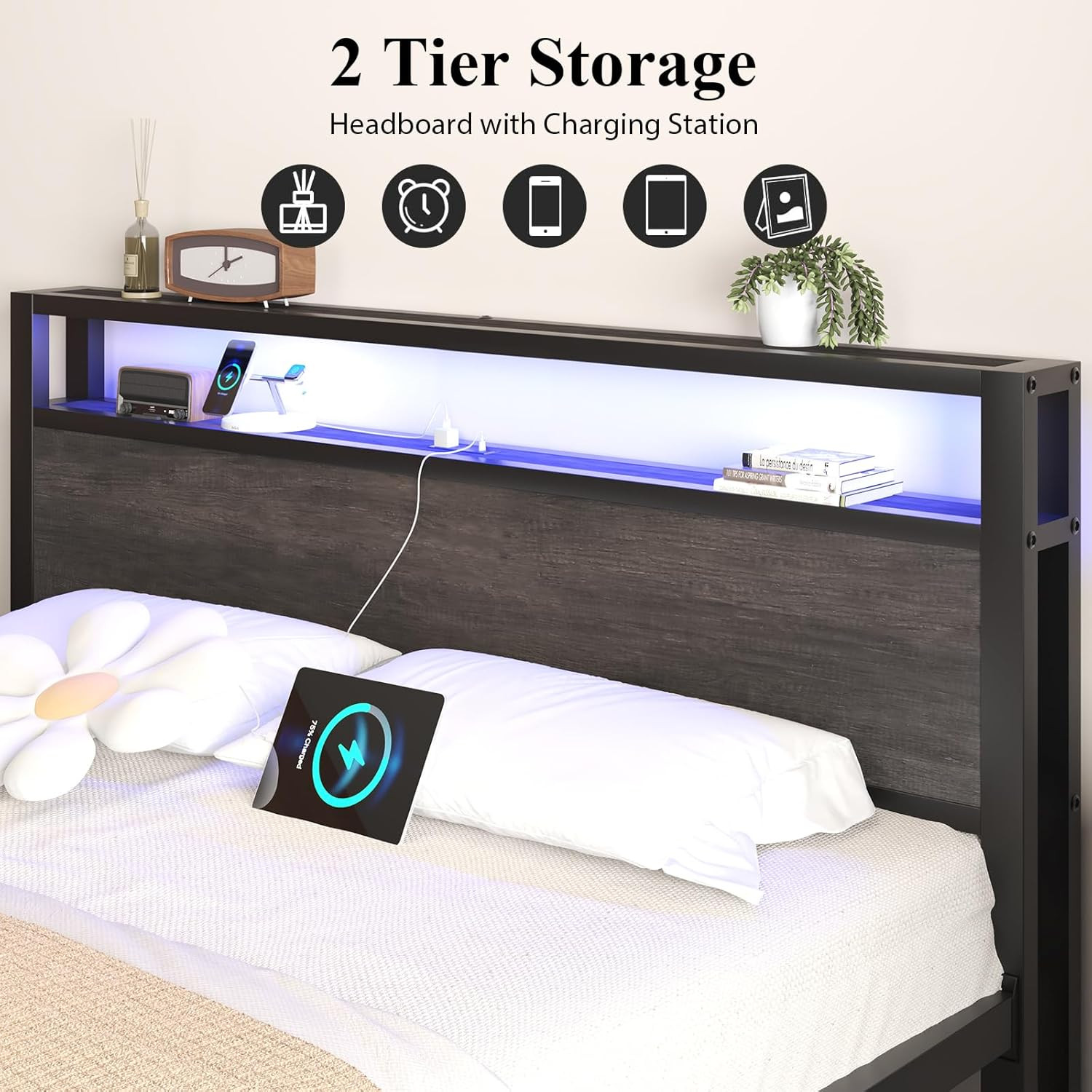 Full Size Bed Frame with Storage Headboard, Industrial Platform Bed with Chargin