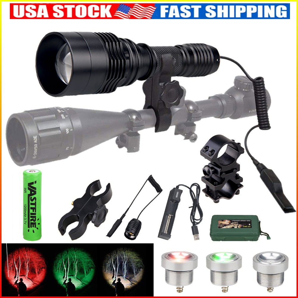 Red Green White LED Flashlight Torch Hunting Light with 2 Scope Mount 20mm Rail