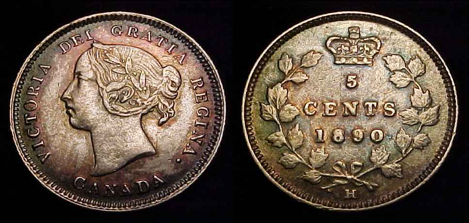 CANADA 1890 H Silver Five Cents AU *Toned*