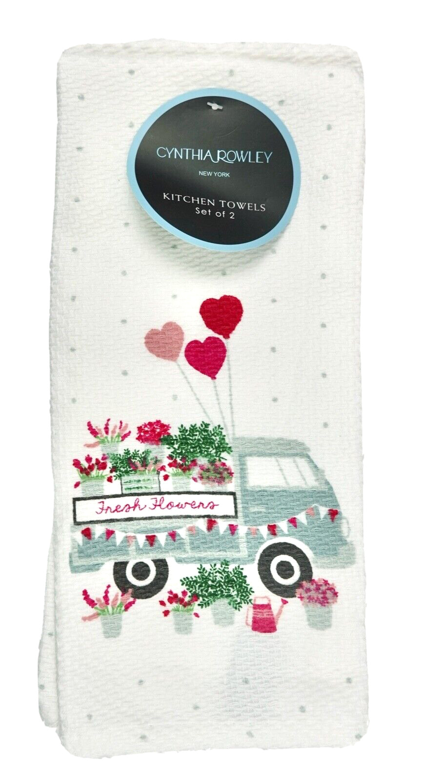Cynthia Rowley Kitchen Towels Set White Fresh Flowers Truck Hearts Green Red