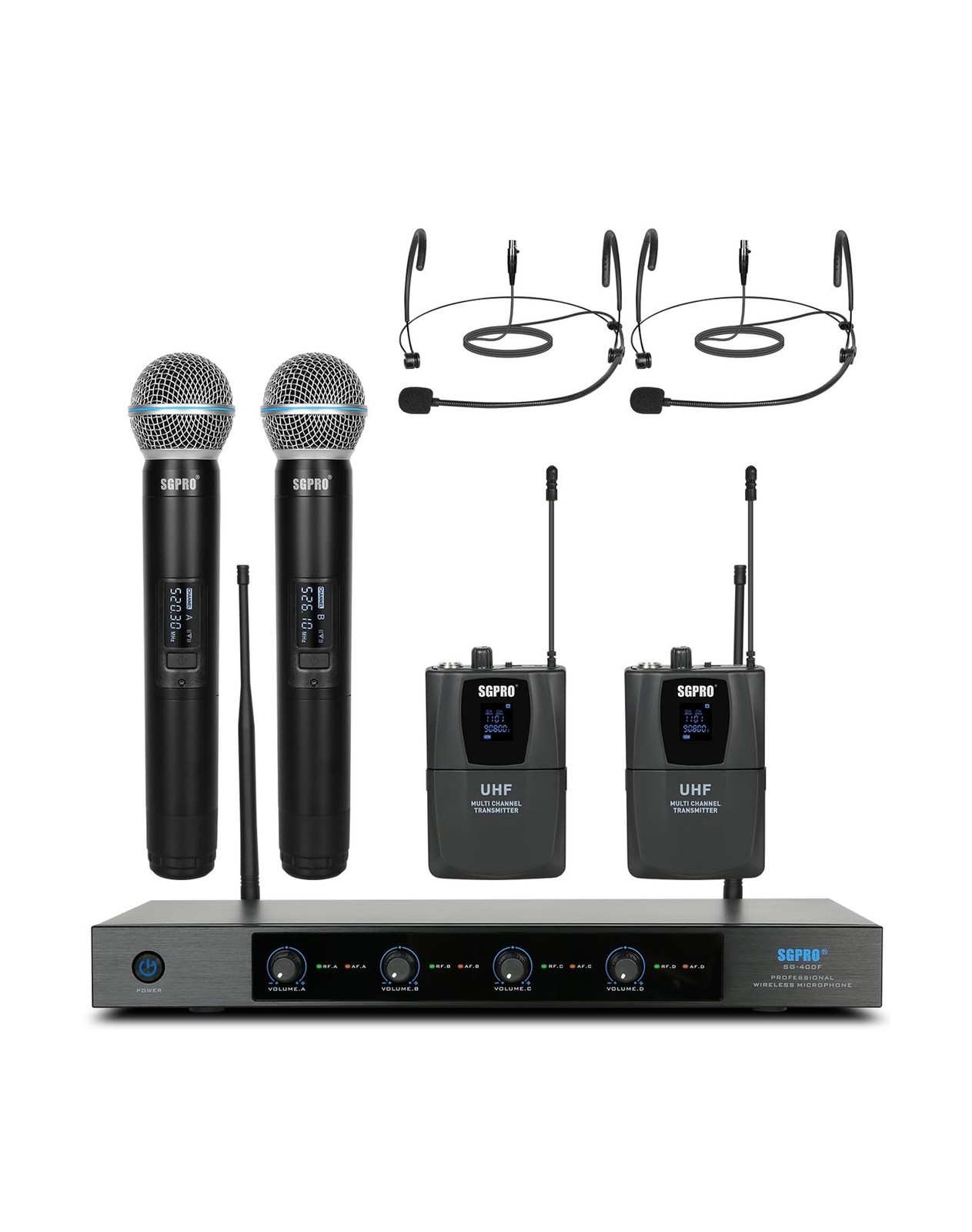 SGPRO 4-Channel Wireless Microphone System - 250Ft Range, Metal Mics & Receiv...