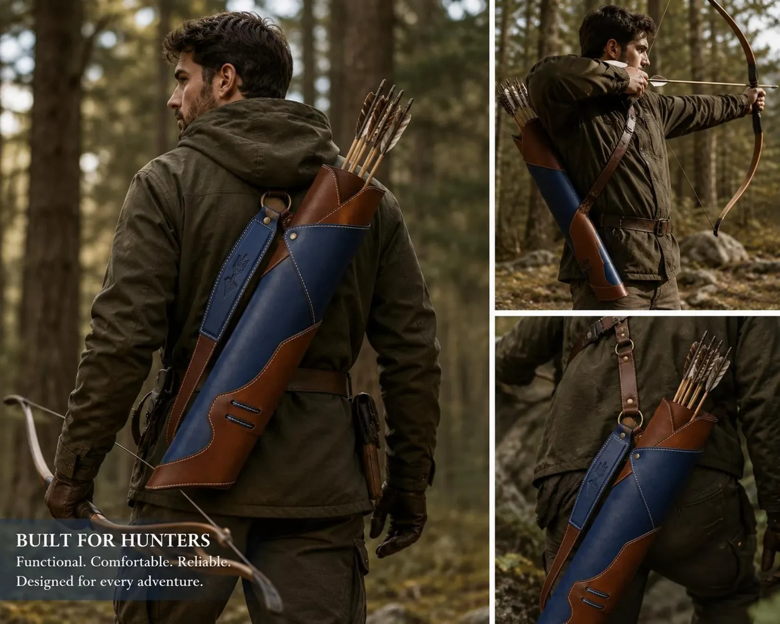Blue and brown leather archery quiver - Handmade hunting arrow holder