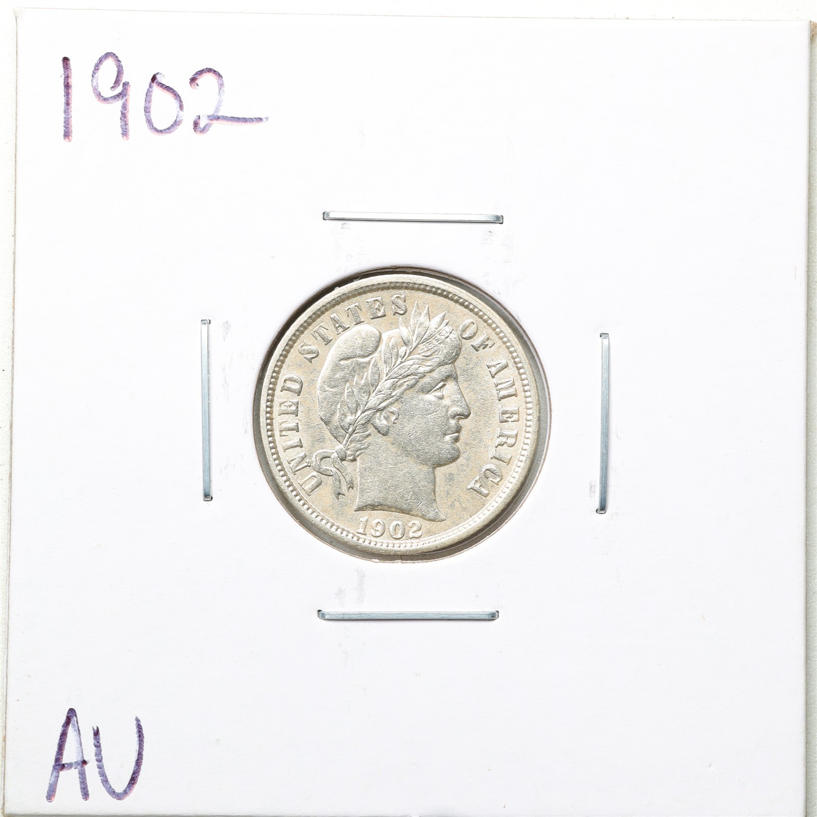 1902 10C Barber Liberty Head Silver Dime in AU Condition #6156