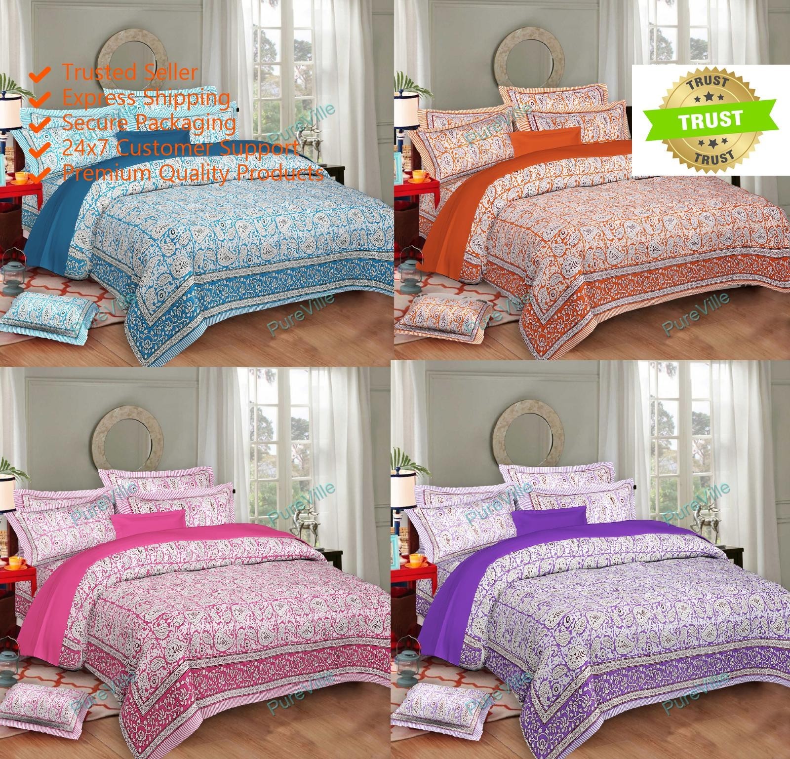Blue-Home Decor Cotton Double Bed Sheet With 2 Pillow Cover 90x108 Geometric