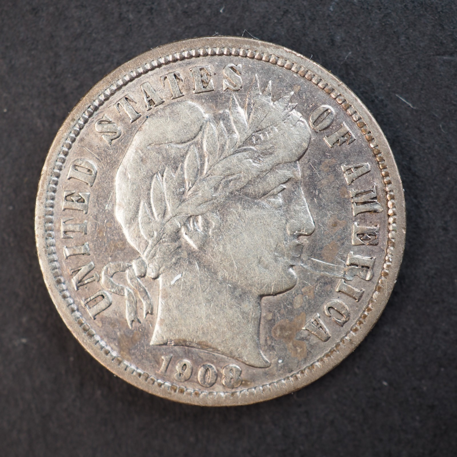 1908 *D* BARBER SILVER DIME ***SCRATCH OBV*** - FREE SHIPPING! C4423
