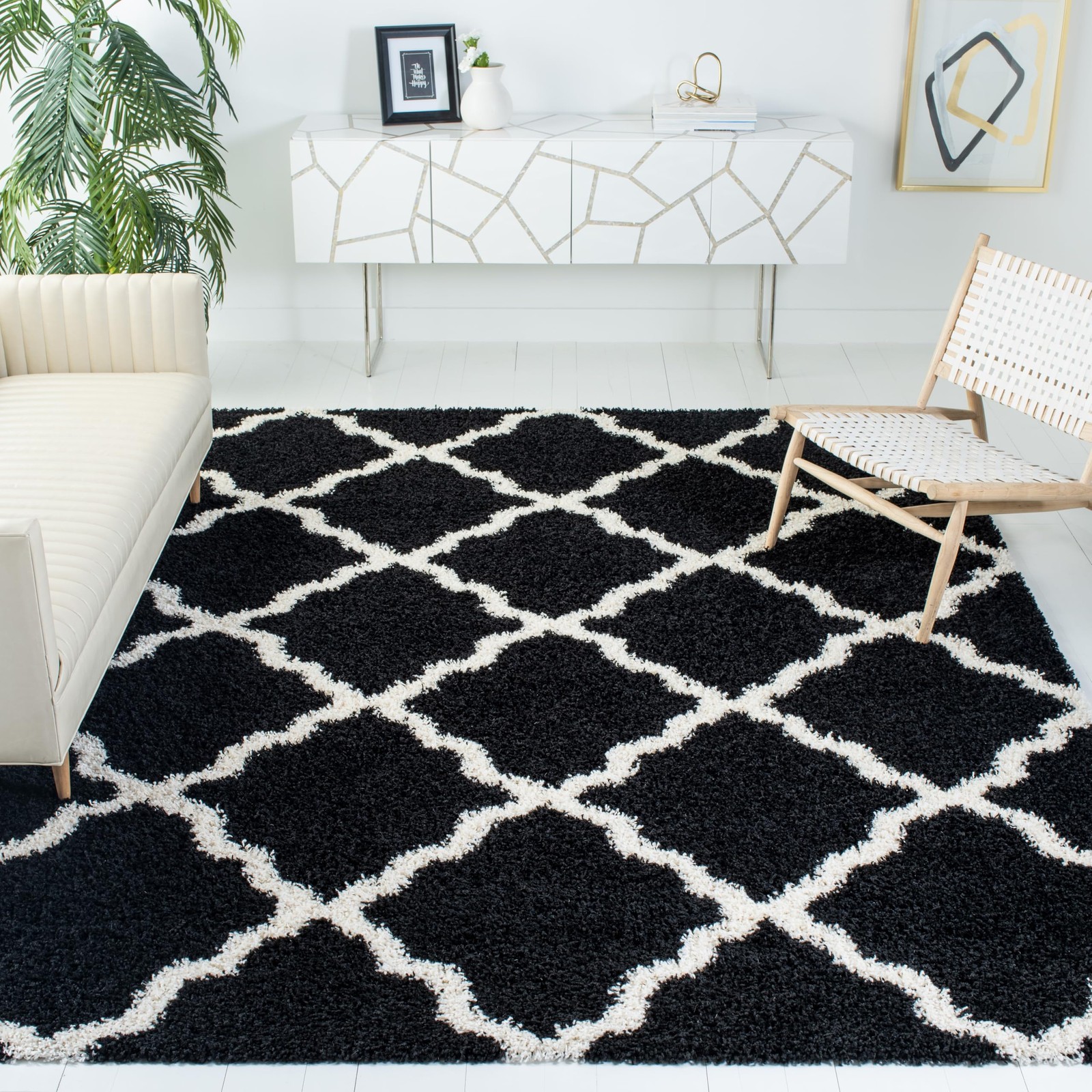 Dallas Shag Collection Area Rug - 6' x 9', Black & Ivory, Trellis Design, Non...