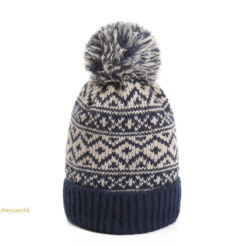 Snowflake Ball Style Bobble Hat Icelandic Nordic Xmas Beanie Pompom Hat 7Colours