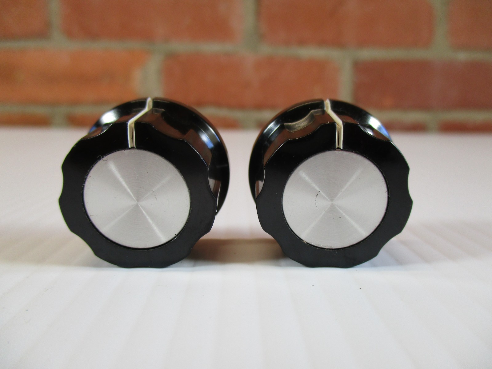 Pair Black Reflector Knobs Silver Insert for Guitar or Amp Top Hat Style