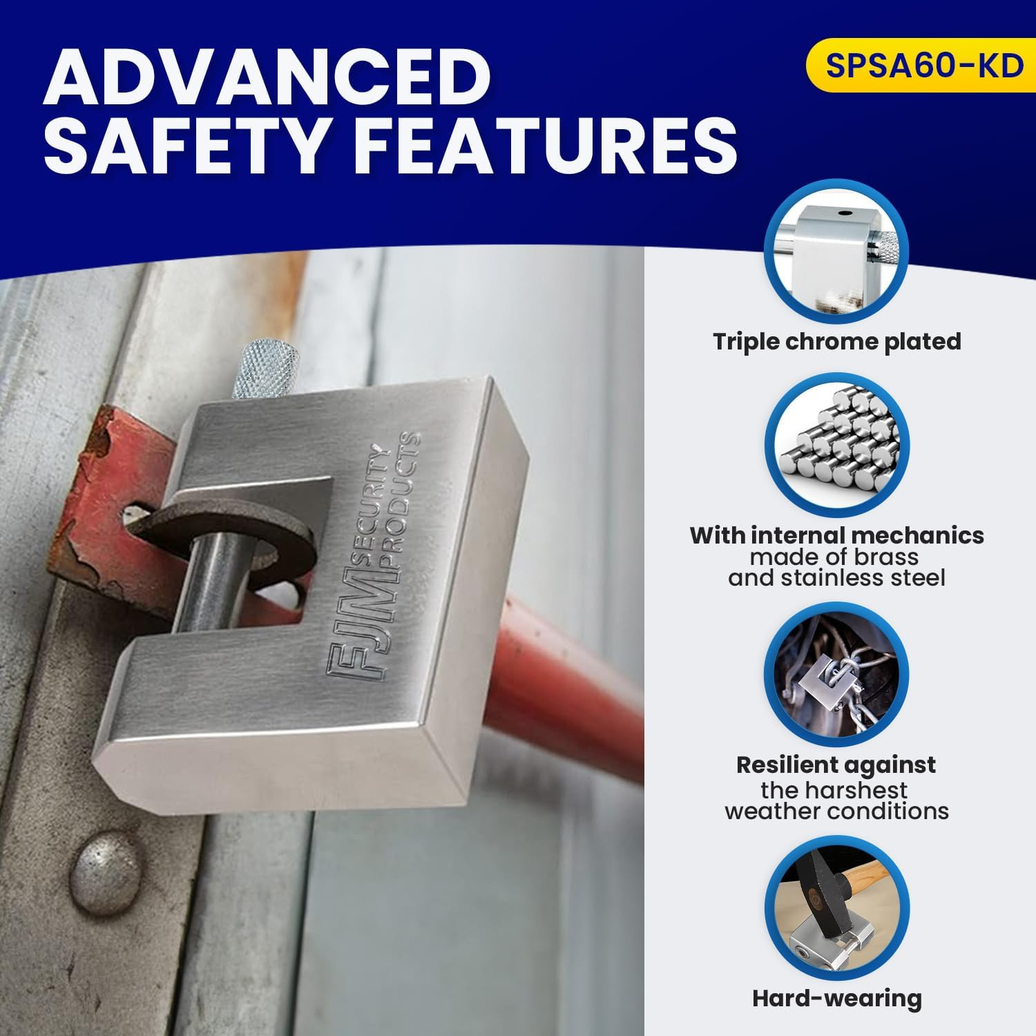 FJM Security Products SPSA60-KD Triple Chrome Plated D-Shaped Security Padlock,