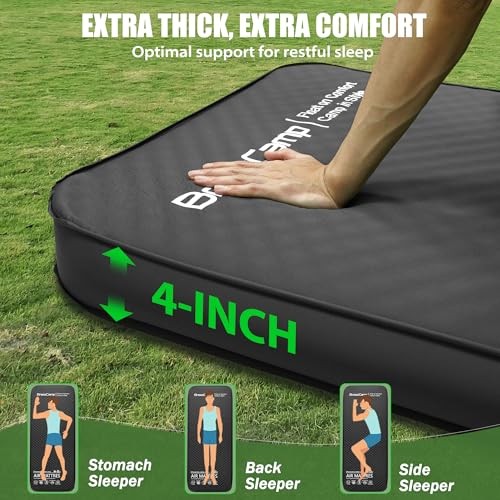 Self Inflating Sleeping Pad with Electric Pump, 4" Thick Memory Foam Black