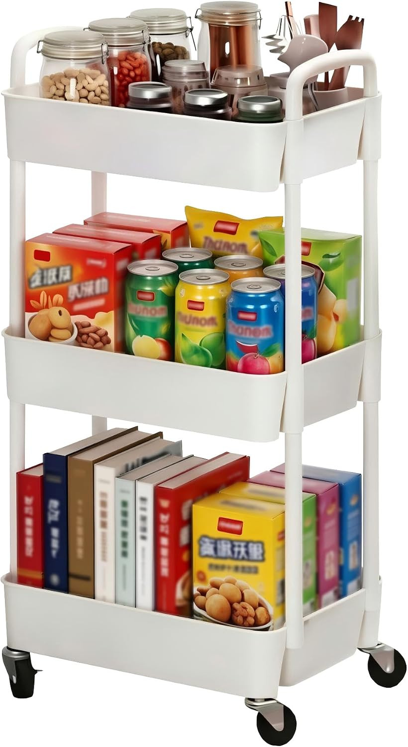 3 Tier Plastic Rolling Utility Cart With Handle Multi Functional Storage Trolley