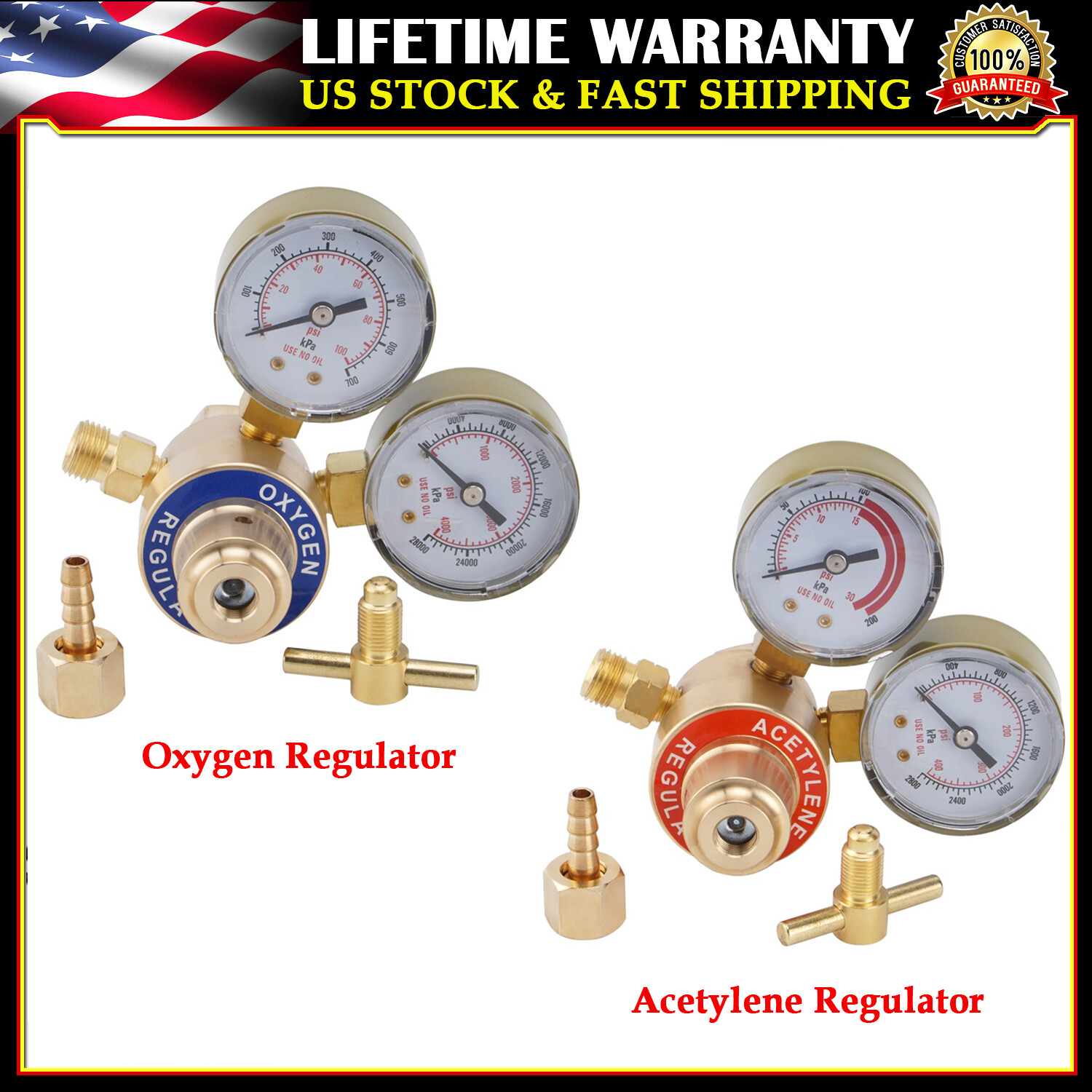 Oxygen and Acetylene Regulators Set with Dual Gauge, CGA200 CGA540 USA Fast