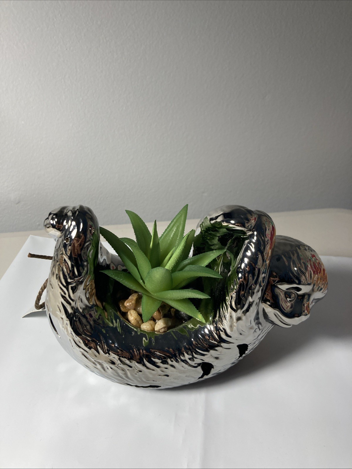 Silver Toned Ceramic Sloth Planter Faux Succulent. New