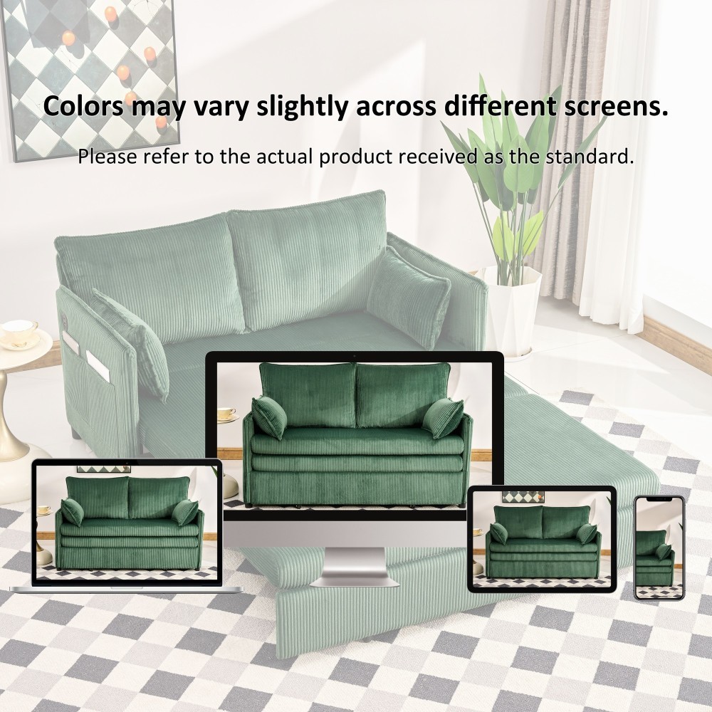 55" Convertible Sofa Bed w/ USB Ports, Corduroy Upholstery, Green