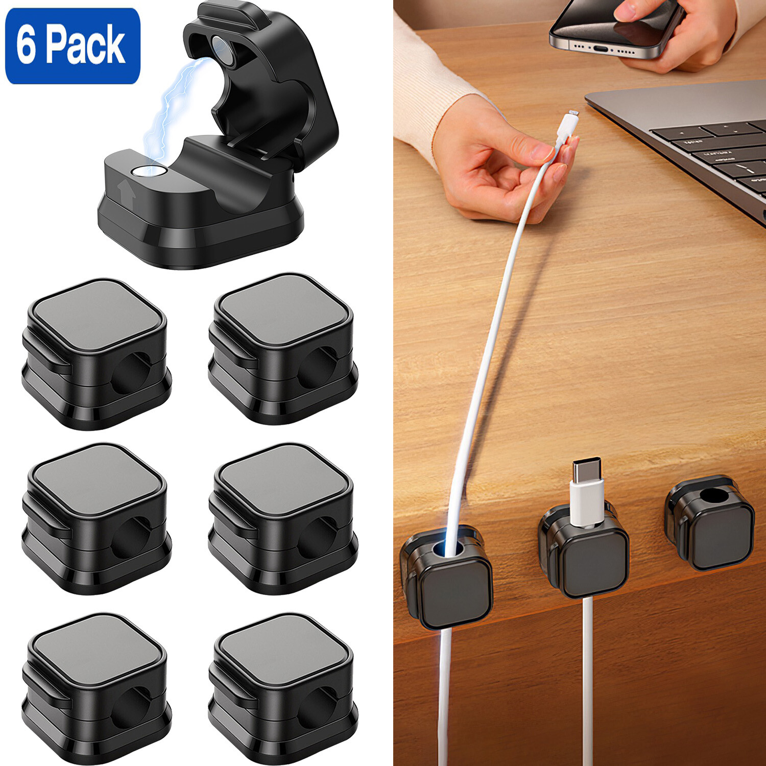 6xMagnetic Cable Clip Winder Cord Organizer Lead Management Charger Cable Holder