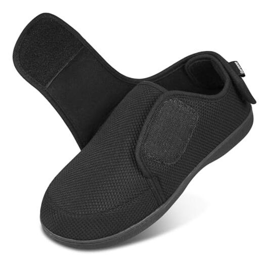 Men's Diabetic Wide Width Adjustable Slippers with Memory Foam and 10 Black