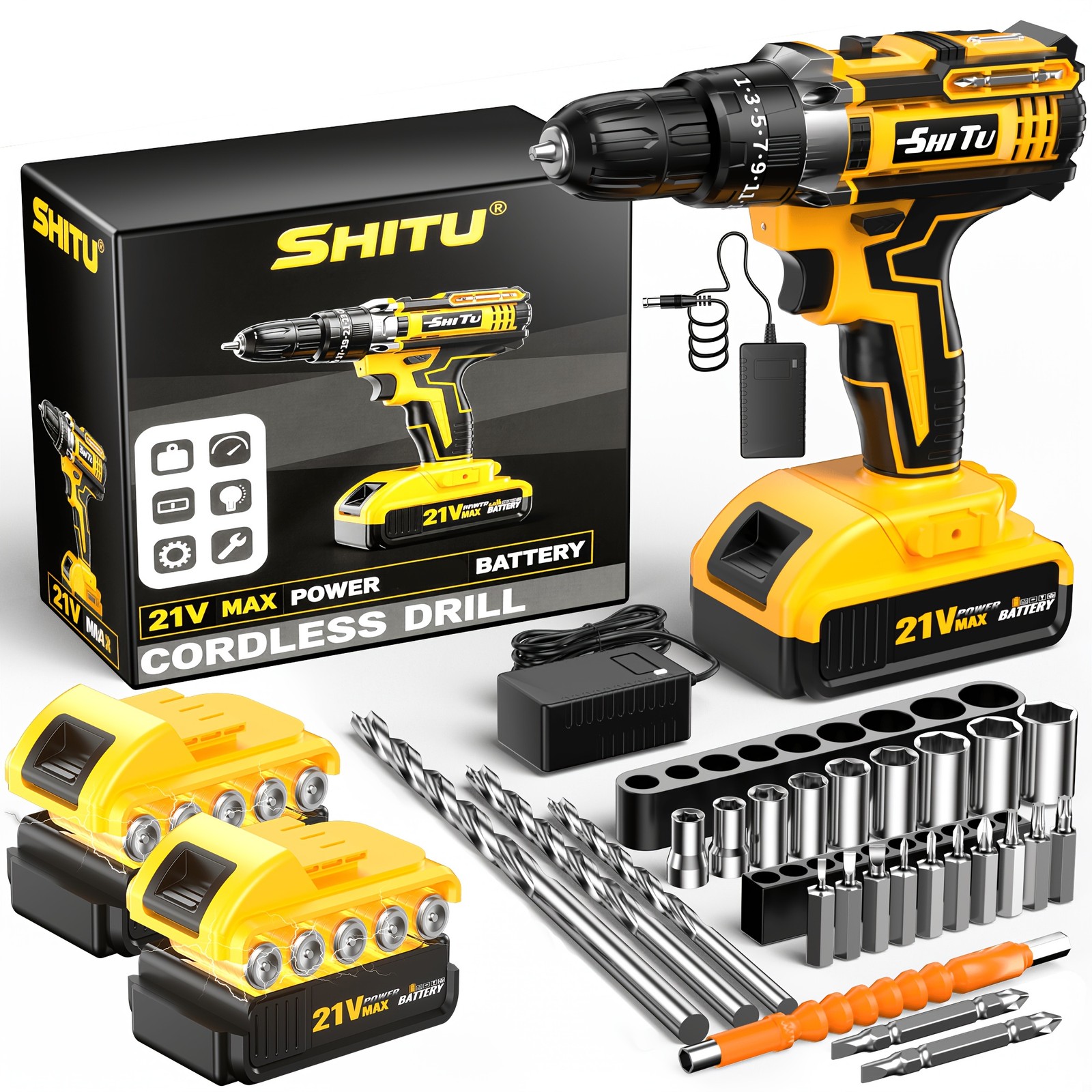 2026 21V Cordless Drill Kit with Tool Box, Rechargeable Electric Drill Set