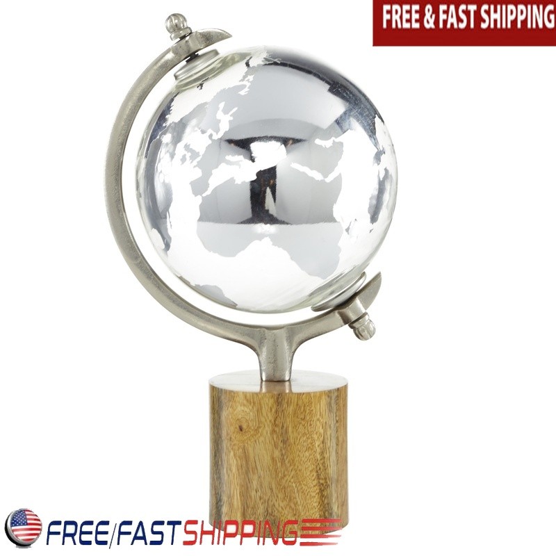 8in Silver Globe Decorative Accent W/ Brown Wooden Base Home Office Décor New
