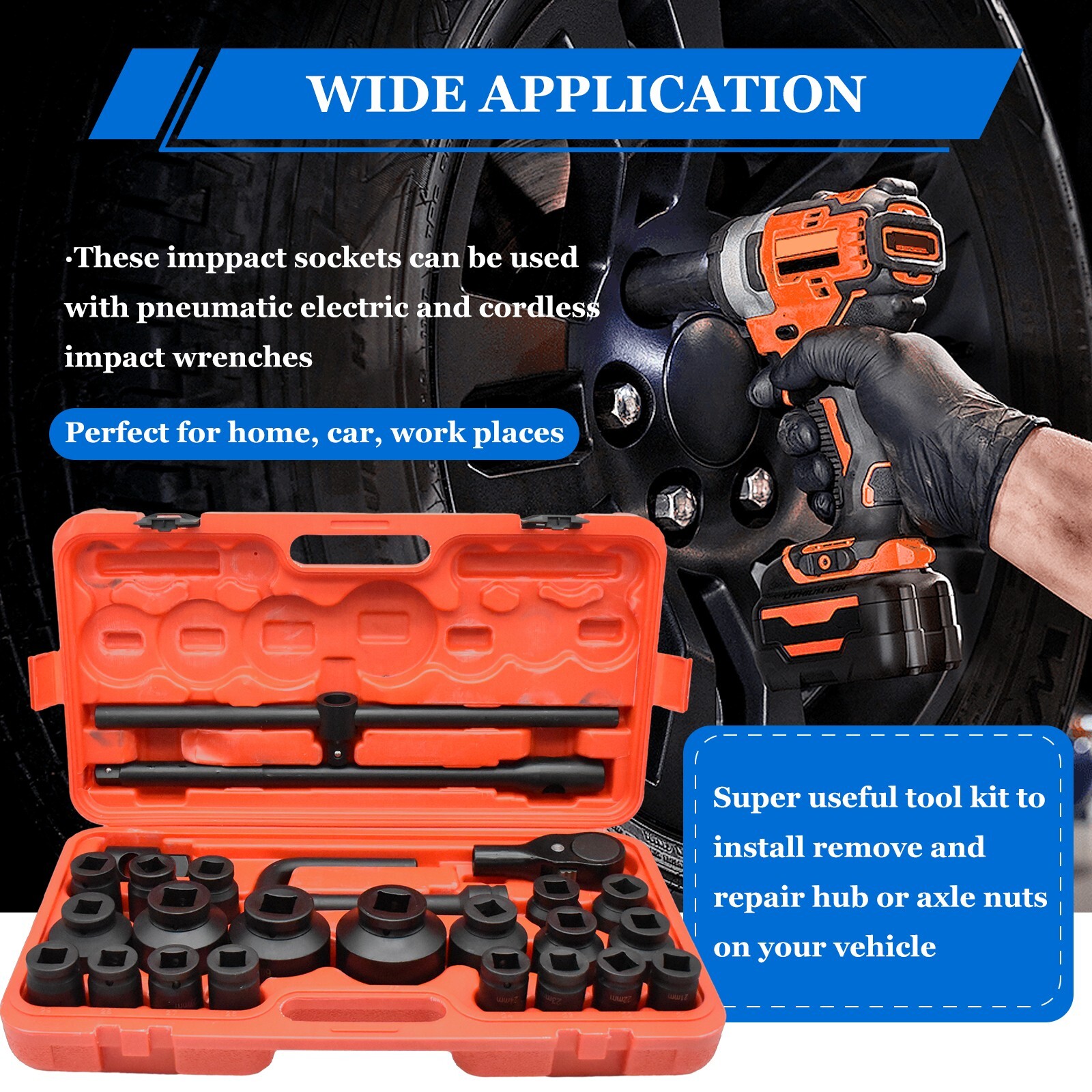 27pcs 3/4" Drive 6pt Pneumatic Impact Socket Sets Deep Socket Set Metric 21-65mm