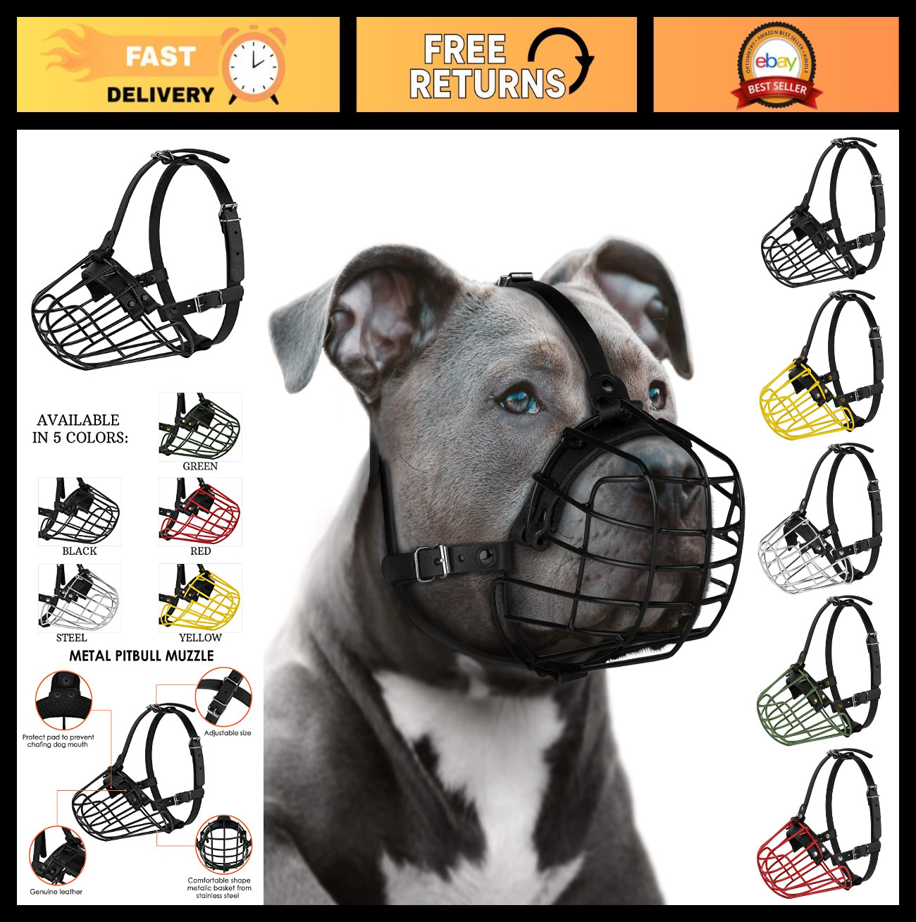 Adjustable Metal Dog Muzzle for Large Breeds - Durable Wire Basket & Leather Str