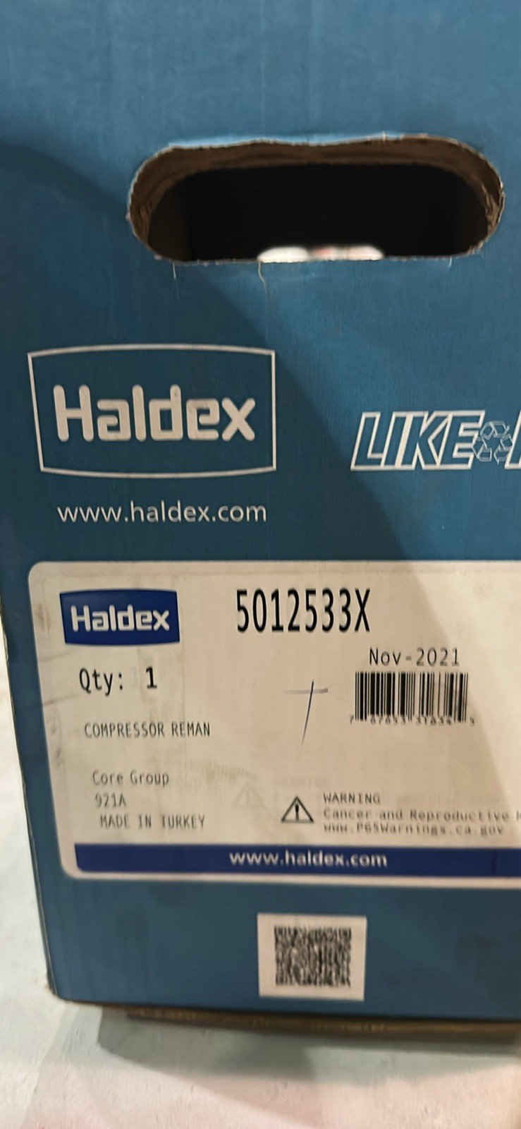 Haldex 5012533X Air Brake Compressor   Top Air Inlet, Side Air Outlet, Core