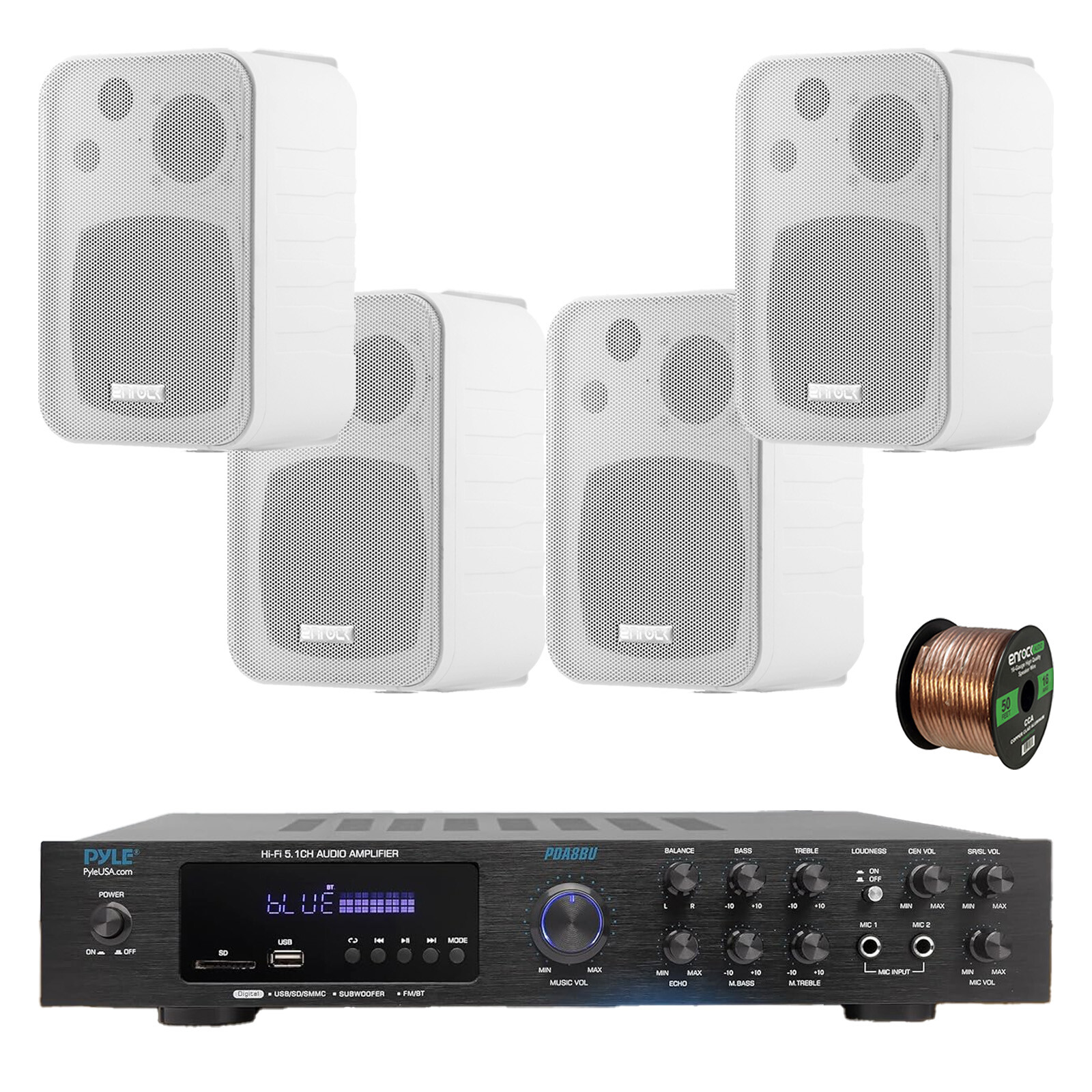 Pyle PDA8BU 5.1 Channel Home Audio Bluetooth Receiver, 4x 4" White Speaker, Wire