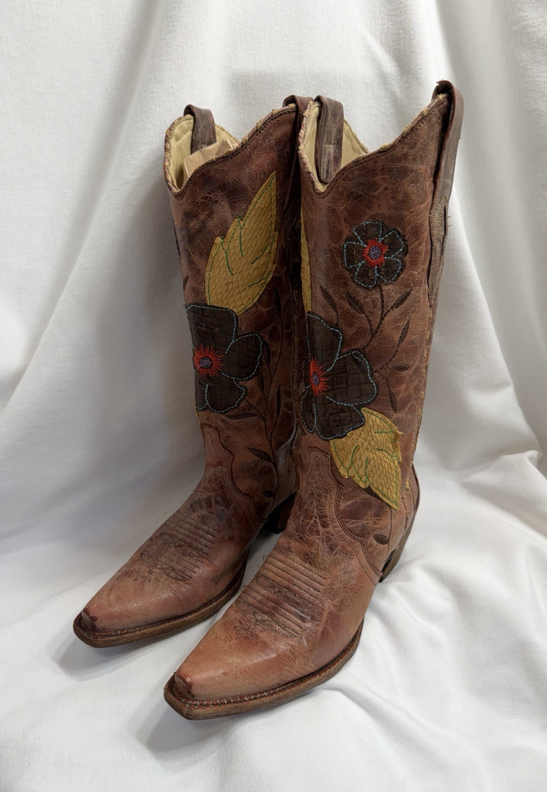 Corral Daisy Overlay Snip Toe Leather Boots Brown 7 M A2048