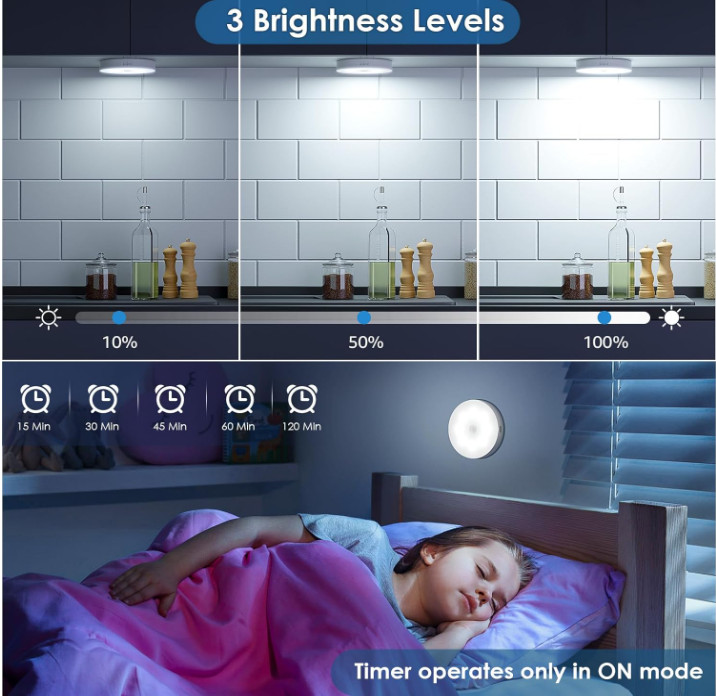 Pack 4 Luces LED Puck con Sensor Movimiento Recargables Control Remoto USB