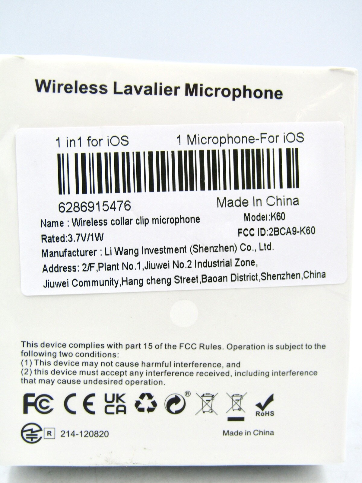 K60 Wireless Collar Clip Microphone, 2.4GHz Noise Cancellation, for iPhone