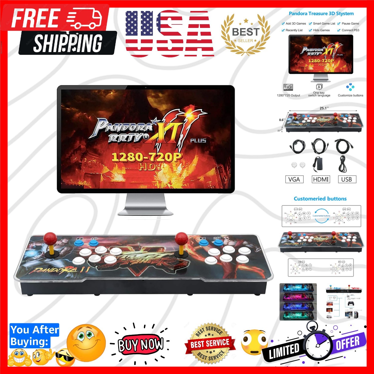 30000 Games in 1 Arcade Game Console ,Pandora Treasure 3D Double Stick,30000 ...
