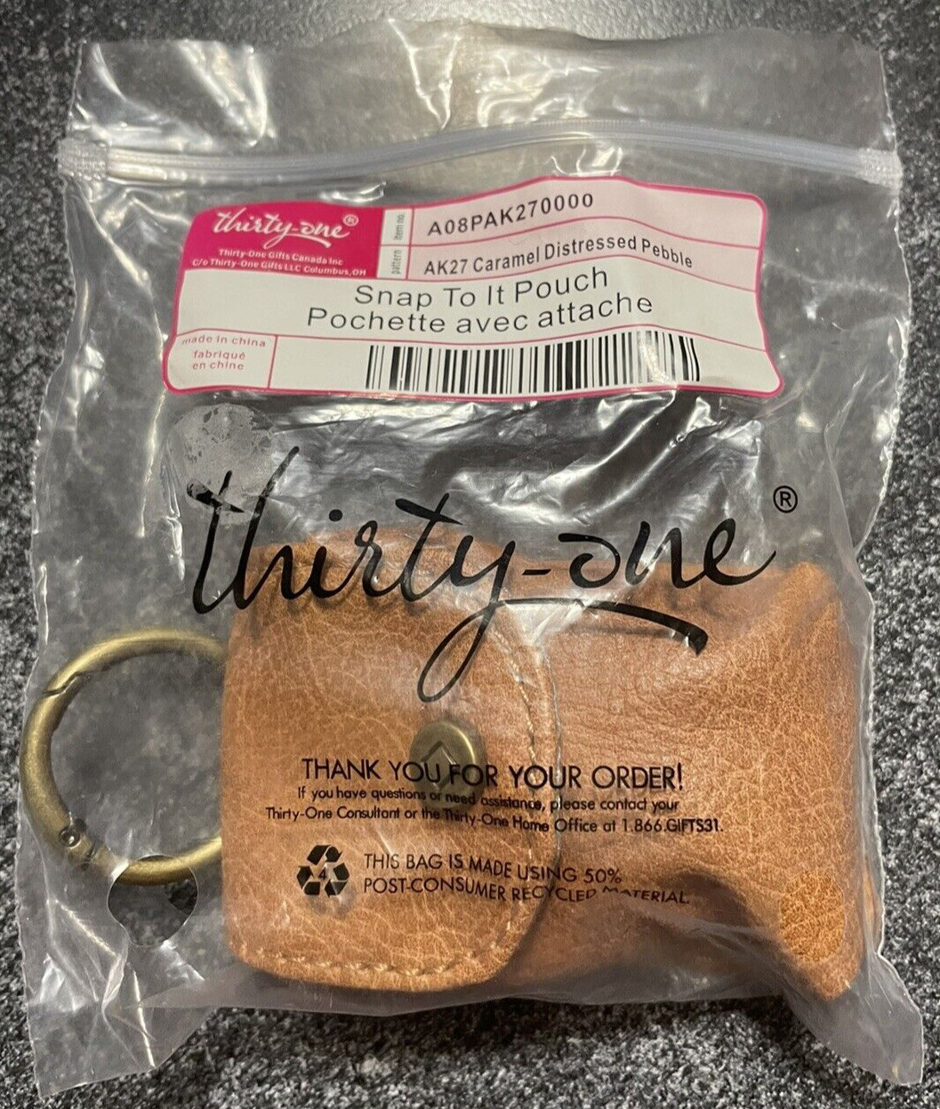 Thirty-One - Snap To It Pouch - Caramel Distressed Pebble - New - 31