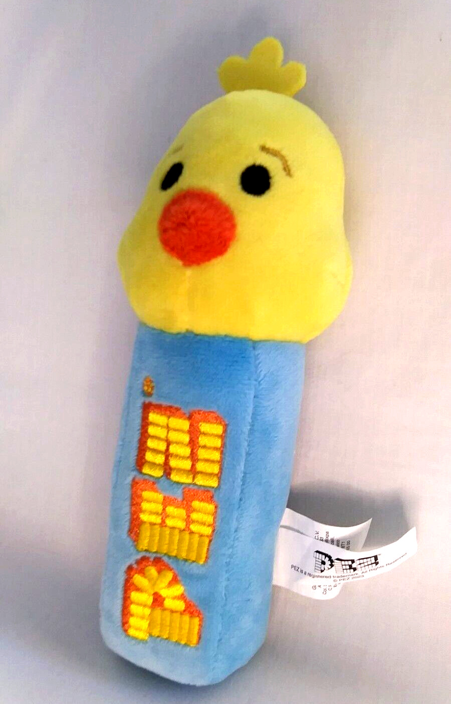 PEZ Chick Easter Plush 7 '' Tall 2'' Thick Yellow Blue Embroidered Features Ruz