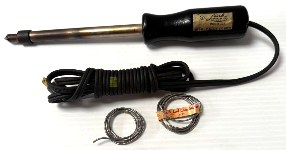 Vintage Lenk Model 88 Electric Soldering Iron 75 Watts W/Solder Made n USA-Works