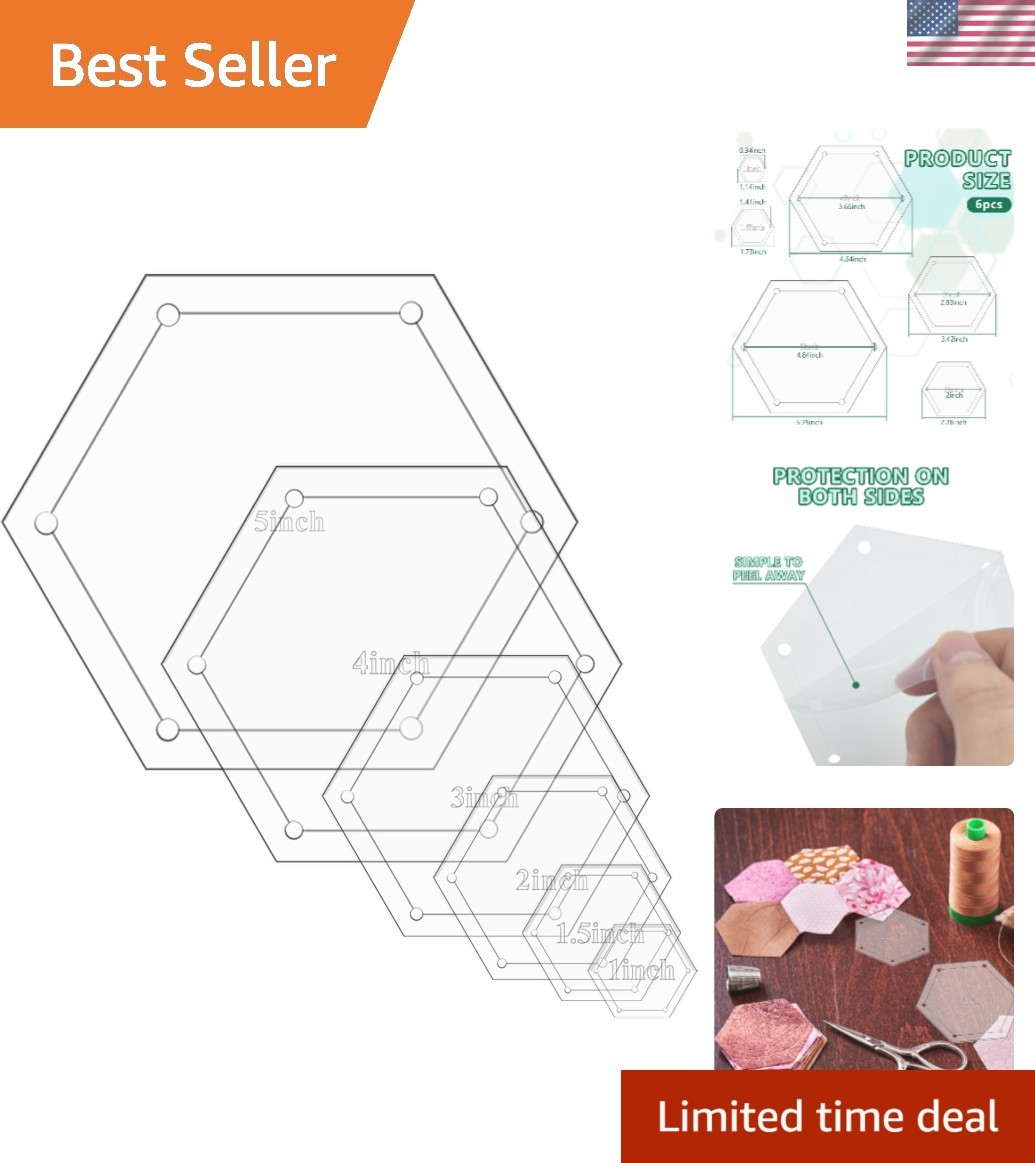 6 Pieces Hexagon Templates Quilting 1 Inch, 1.5 Inch, 2 Inch, 3 Inch, 4 Inch, 5